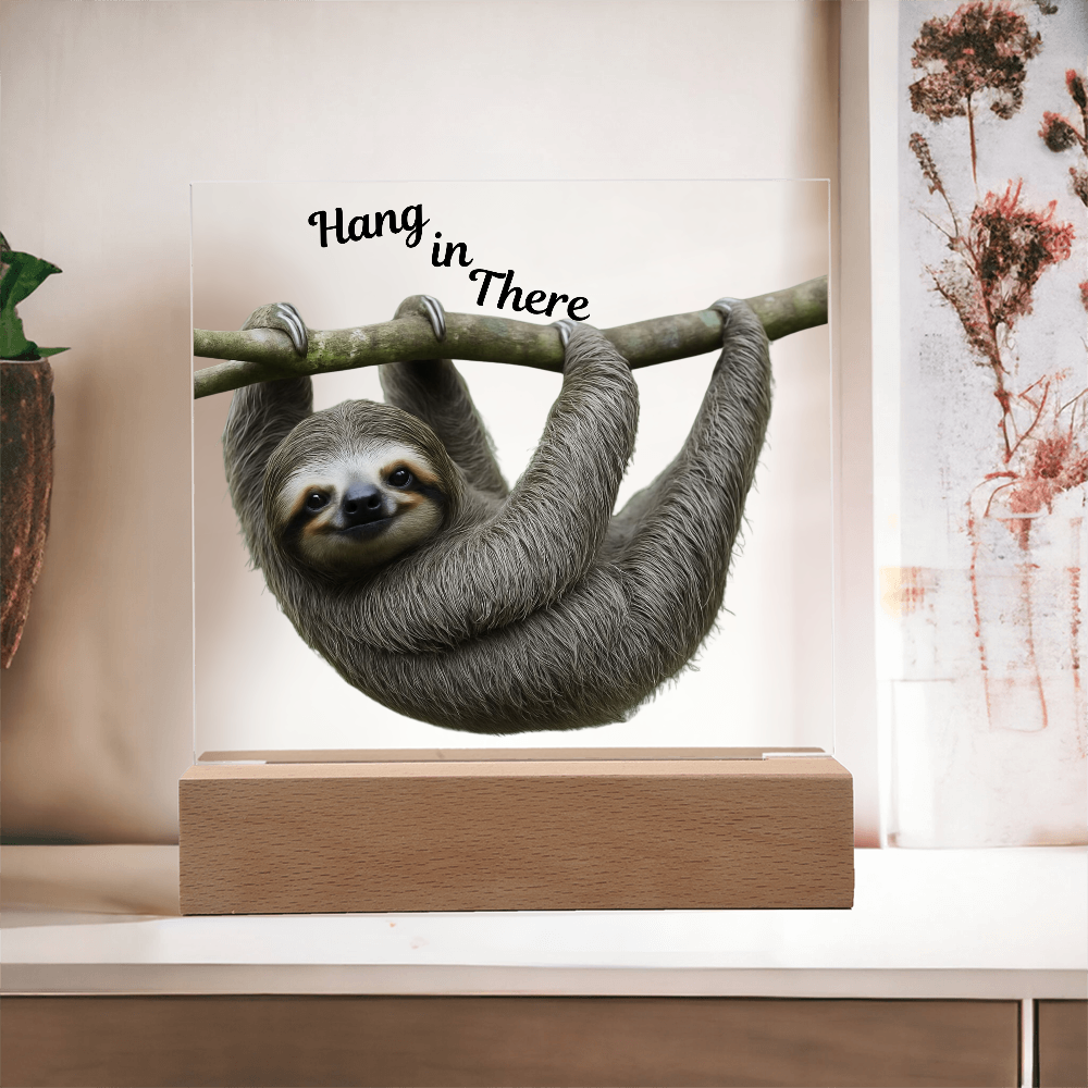 'Hang in There' Sloth Acrylic Square Plaque - Light Up