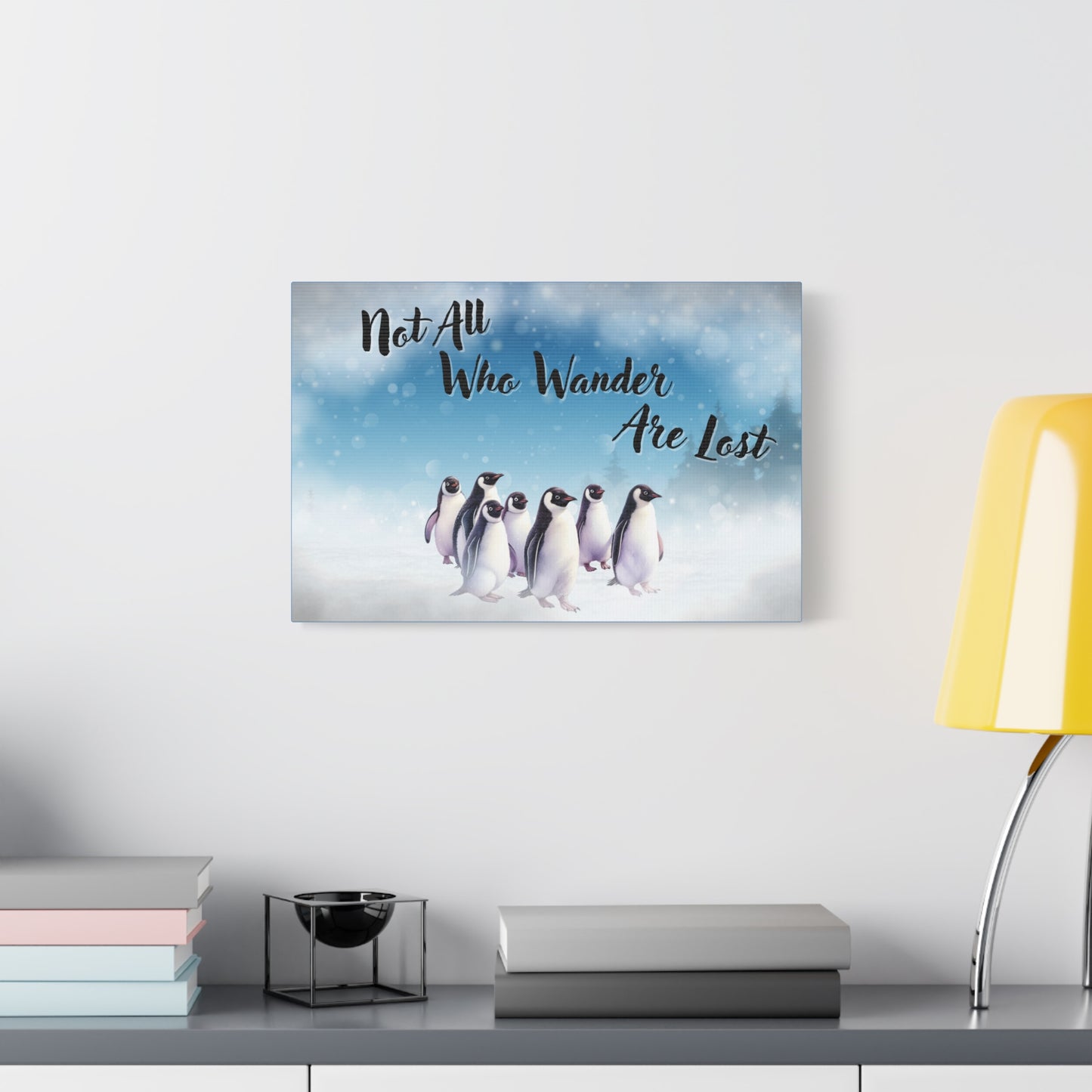 'Not All Who Wander Are Lost' Penguin Scene Canvas