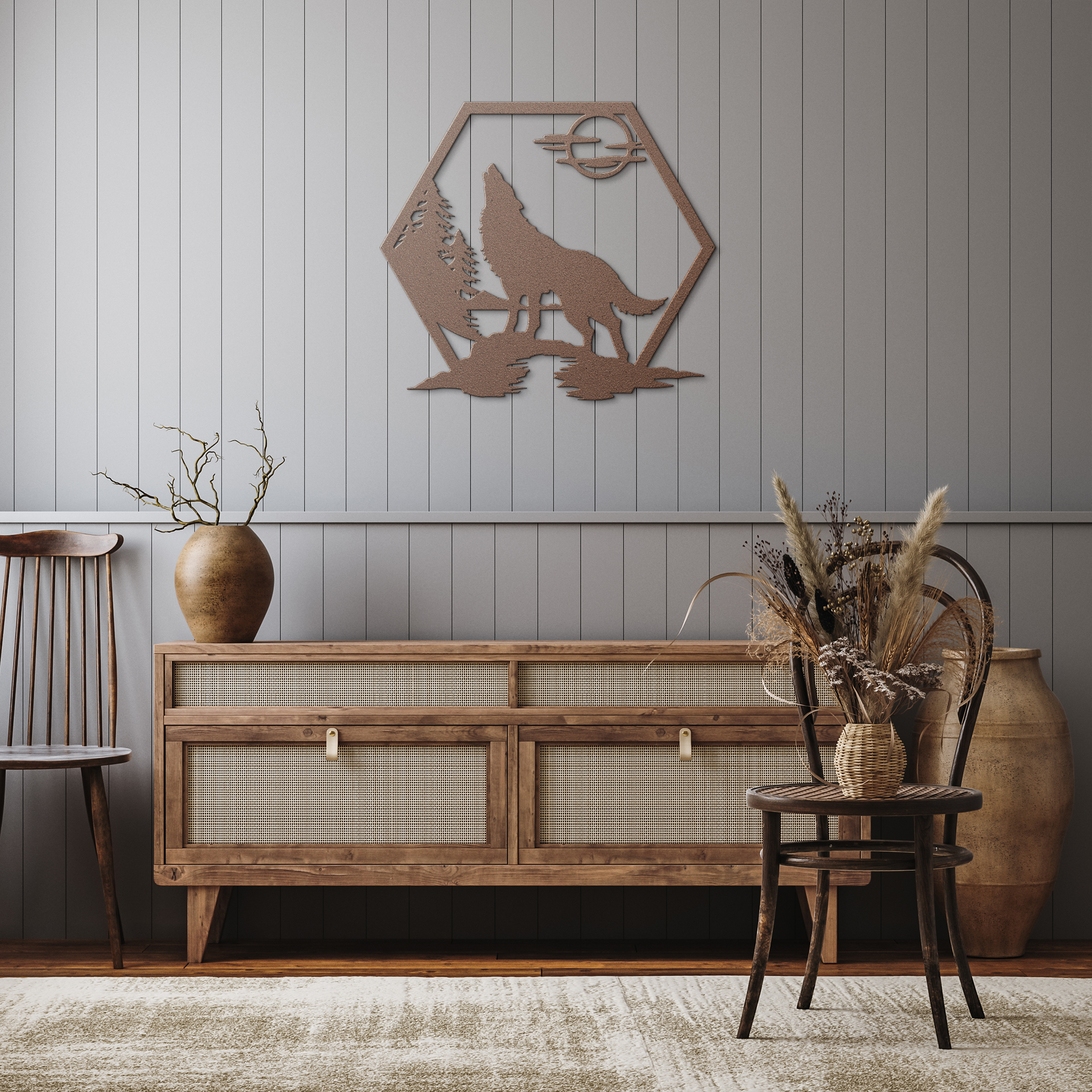 Howling_Wolf_Metal_Sign_Copper_Rustic_Hallway_Mockup.png