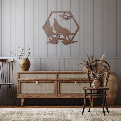 Howling_Wolf_Metal_Sign_Copper_Rustic_Hallway_Mockup.png