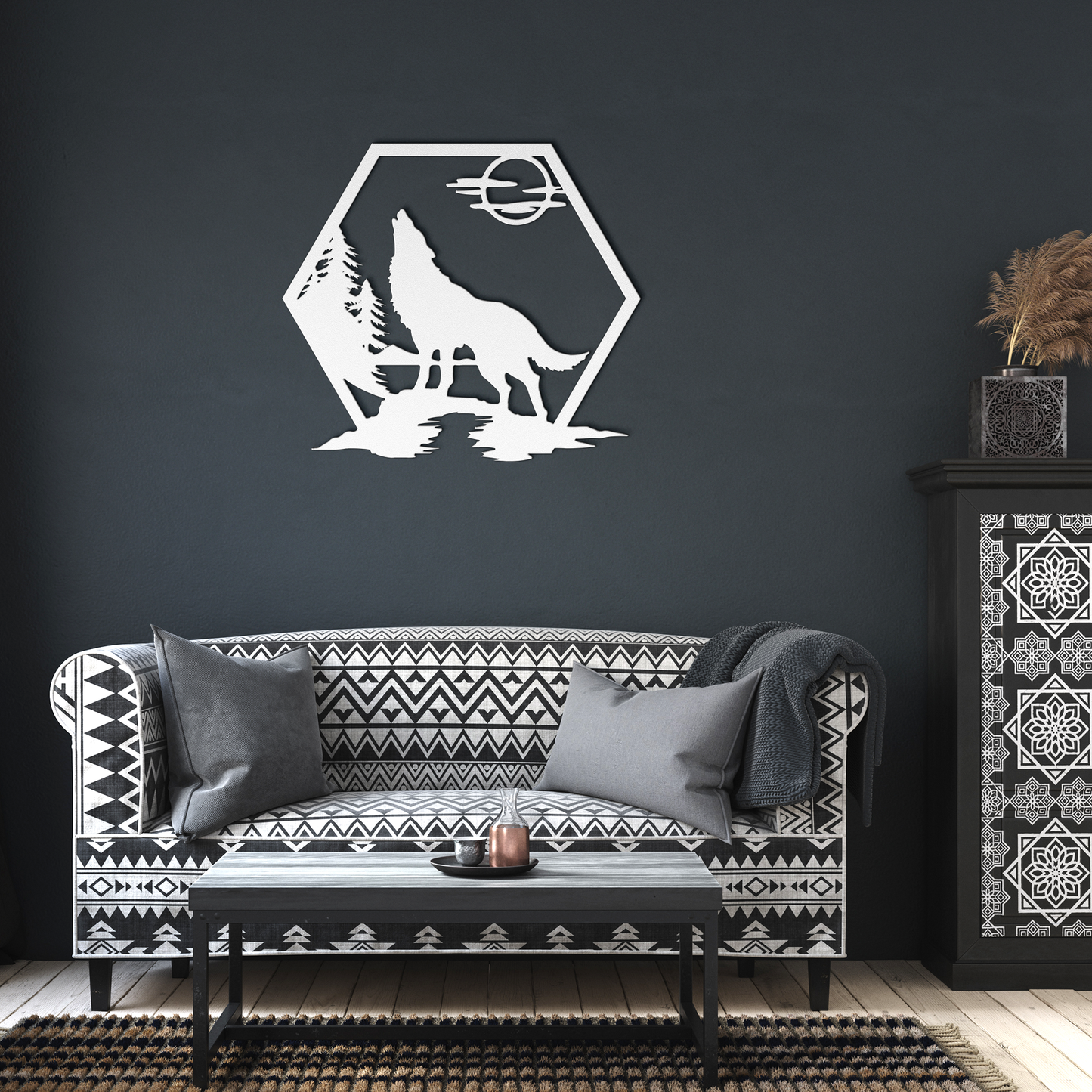 Howling_Wolf_Metal_Sign_White_Dark_Living_Room_Mockup.png
