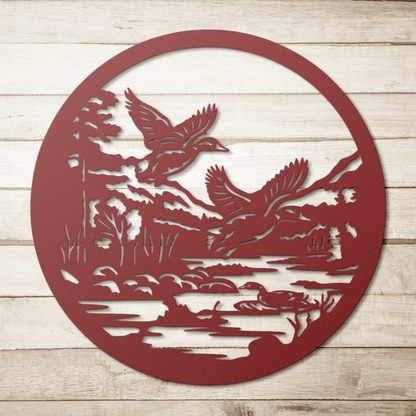 Mallard_Duck_Metal_Sign_Red_Simple_Wood_BKGD_Mockup.png