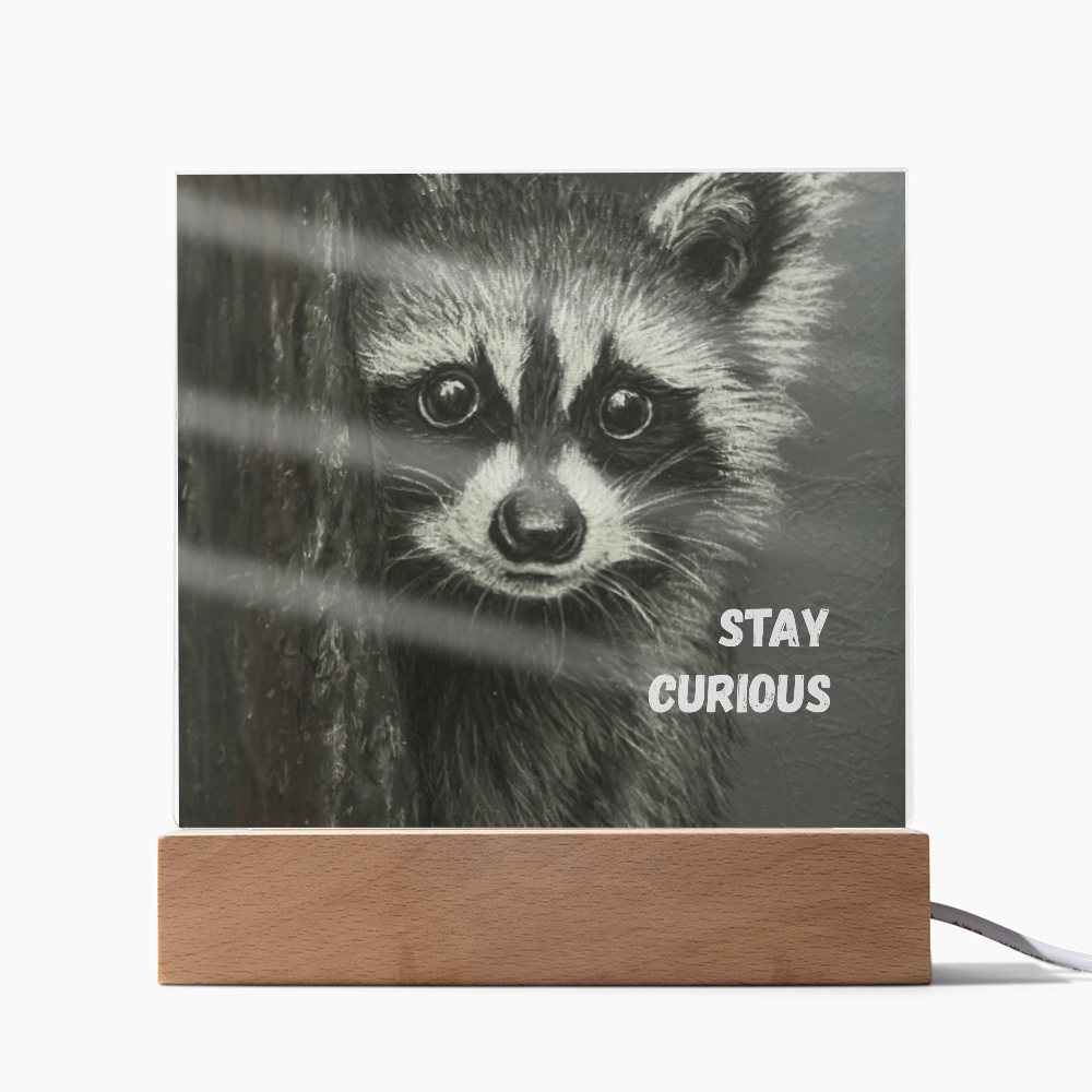 'Stay Curious' Raccoon Square Acrylic Plaque - Light Up