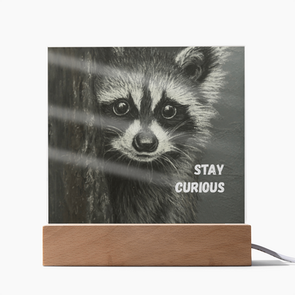 'Stay Curious' Raccoon Square Acrylic Plaque - Light Up