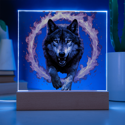 Fire Wolf Square Acrylic Plaque - Light Up