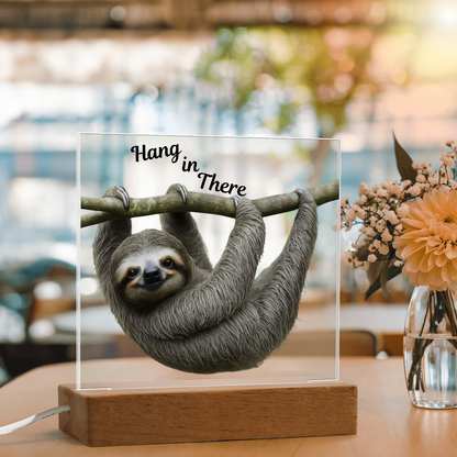 'Hang in There' Sloth Acrylic Square Plaque - Light Up