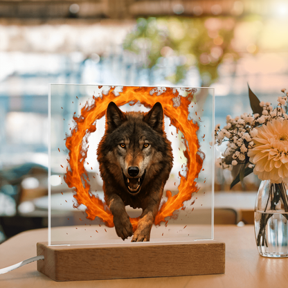 Fire Wolf Square Acrylic Plaque - Light Up