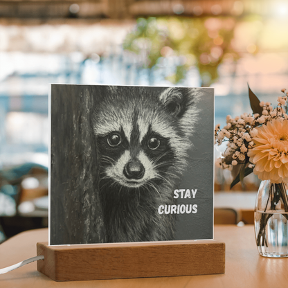 'Stay Curious' Raccoon Square Acrylic Plaque - Light Up