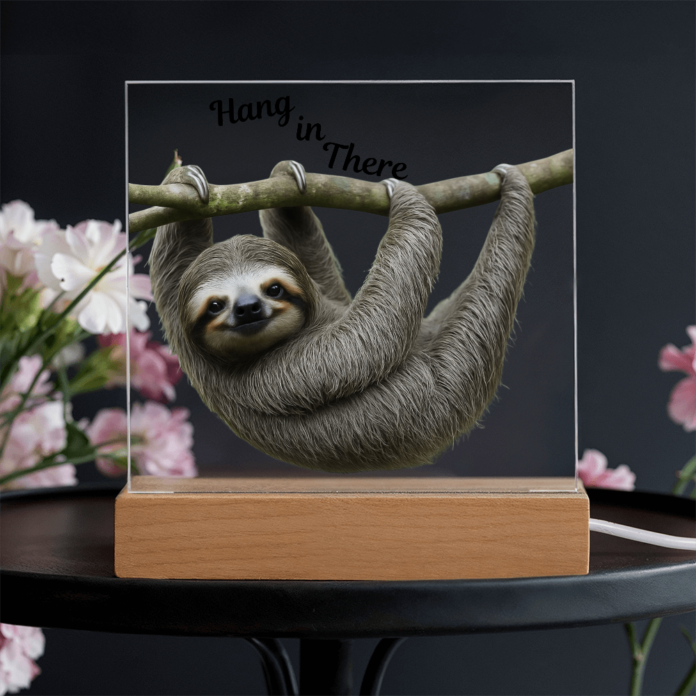 'Hang in There' Sloth Acrylic Square Plaque - Light Up