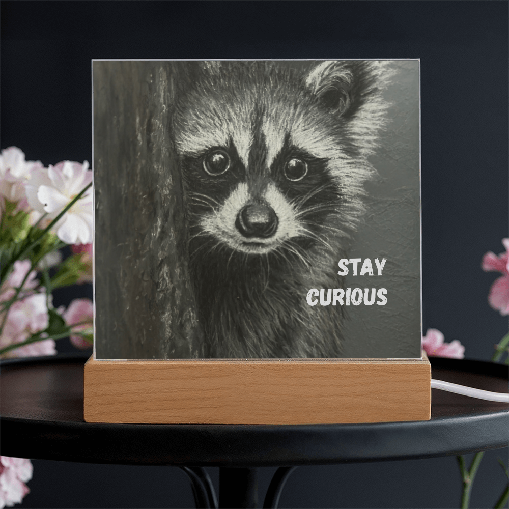 'Stay Curious' Raccoon Square Acrylic Plaque - Light Up
