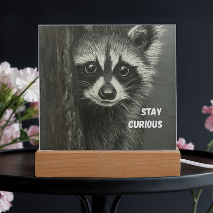 'Stay Curious' Raccoon Square Acrylic Plaque - Light Up