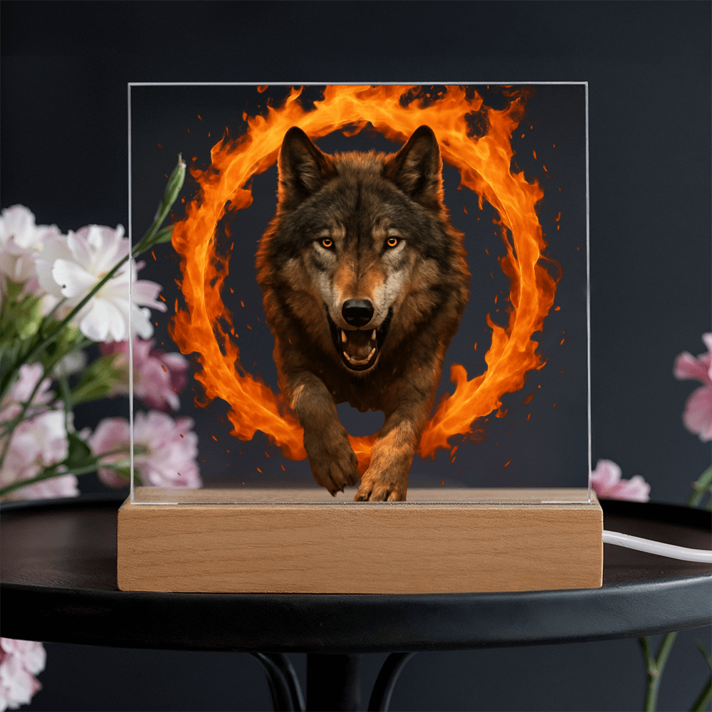 Fire Wolf Square Acrylic Plaque - Light Up