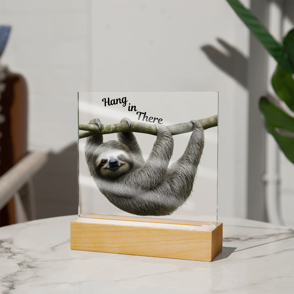 'Hang in There' Sloth Acrylic Square Plaque - Light Up
