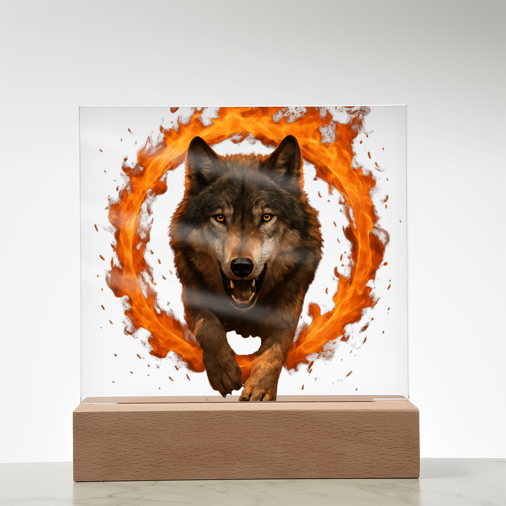 Fire Wolf Square Acrylic Plaque - Light Up