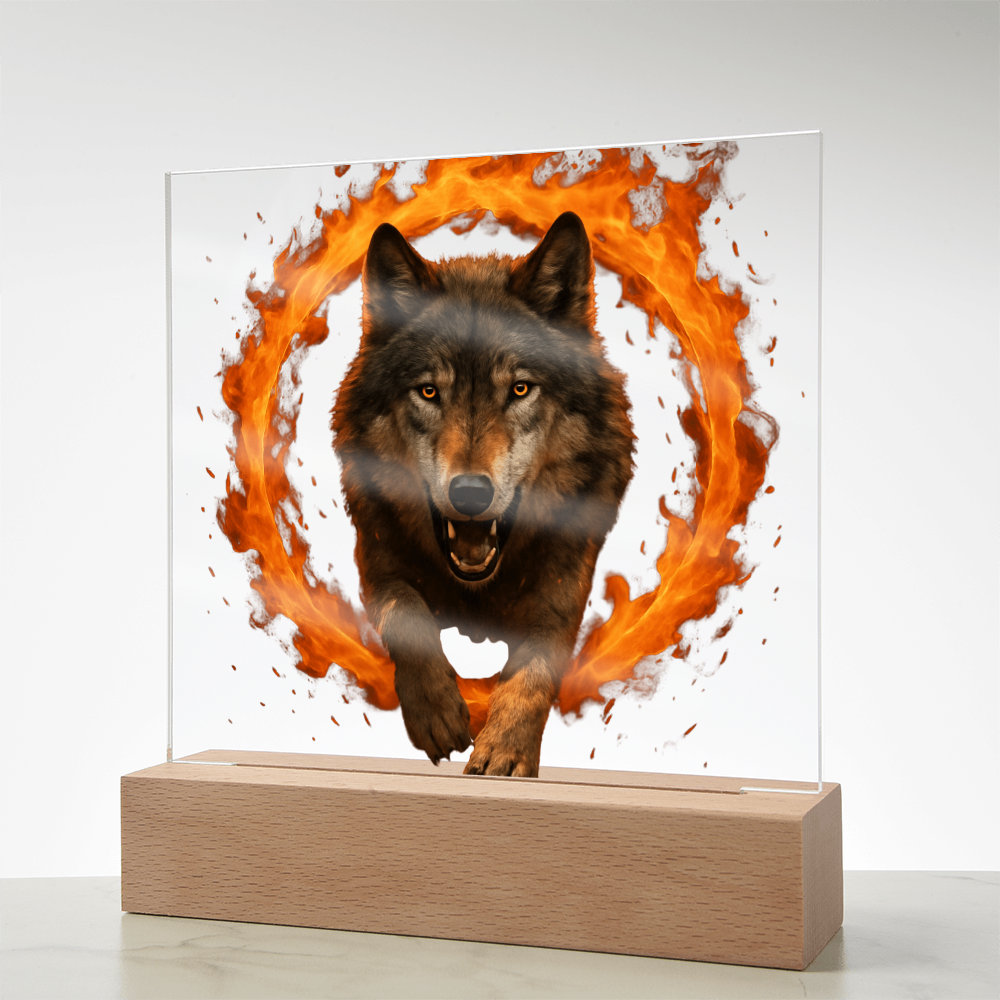 Fire Wolf Square Acrylic Plaque - Light Up