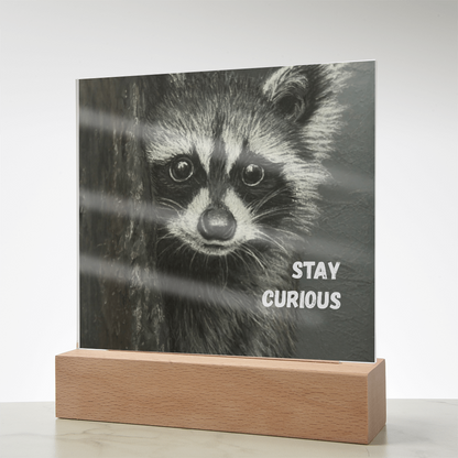 'Stay Curious' Raccoon Square Acrylic Plaque - Light Up