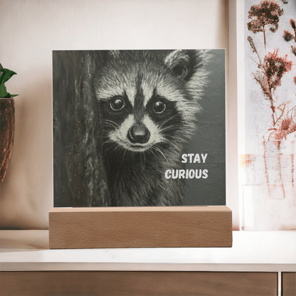 'Stay Curious' Raccoon Square Acrylic Plaque - Light Up