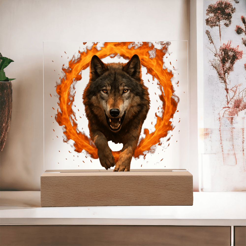 Fire Wolf Square Acrylic Plaque - Light Up