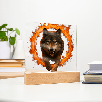 Fire Wolf Square Acrylic Plaque - Light Up