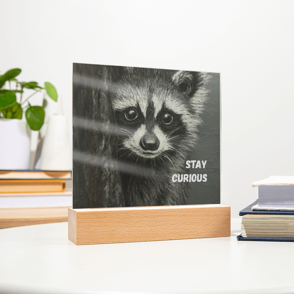 'Stay Curious' Raccoon Square Acrylic Plaque - Light Up