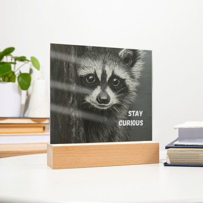 'Stay Curious' Raccoon Square Acrylic Plaque - Light Up