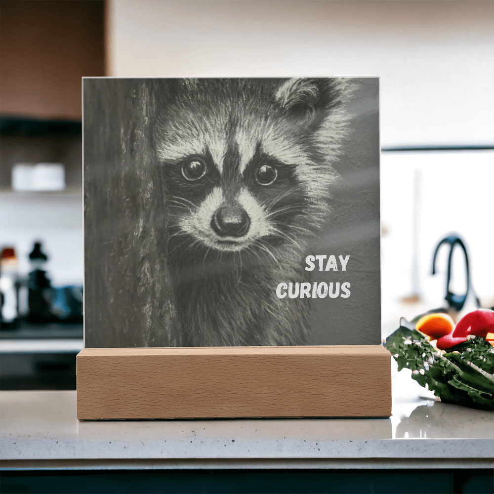 'Stay Curious' Raccoon Square Acrylic Plaque - Light Up