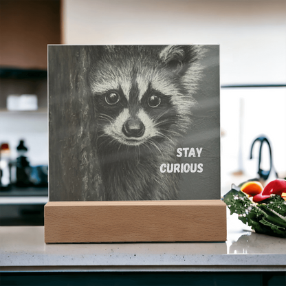 'Stay Curious' Raccoon Square Acrylic Plaque - Light Up