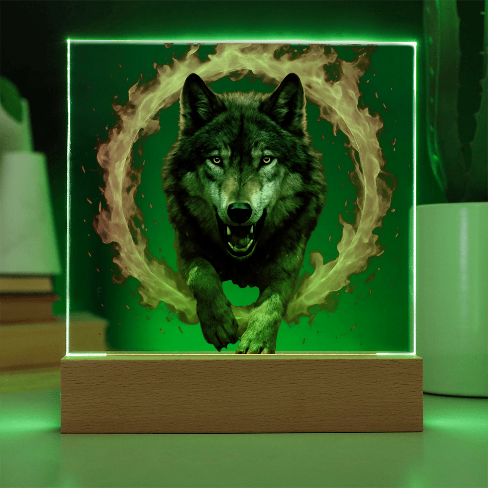 Fire Wolf Square Acrylic Plaque - Light Up