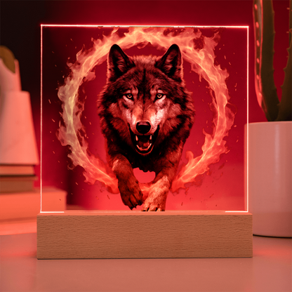 Fire Wolf Square Acrylic Plaque - Light Up