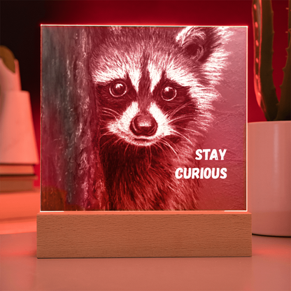 'Stay Curious' Raccoon Square Acrylic Plaque - Light Up
