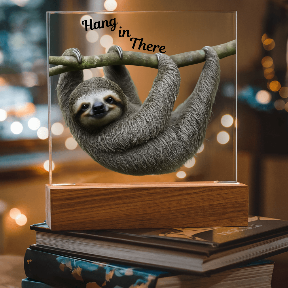 'Hang in There' Sloth Acrylic Square Plaque - Light Up