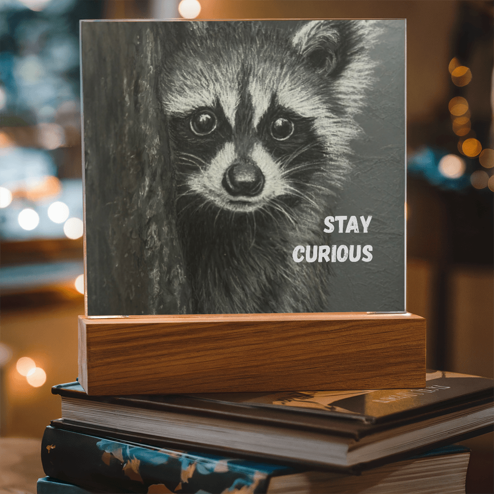 'Stay Curious' Raccoon Square Acrylic Plaque - Light Up