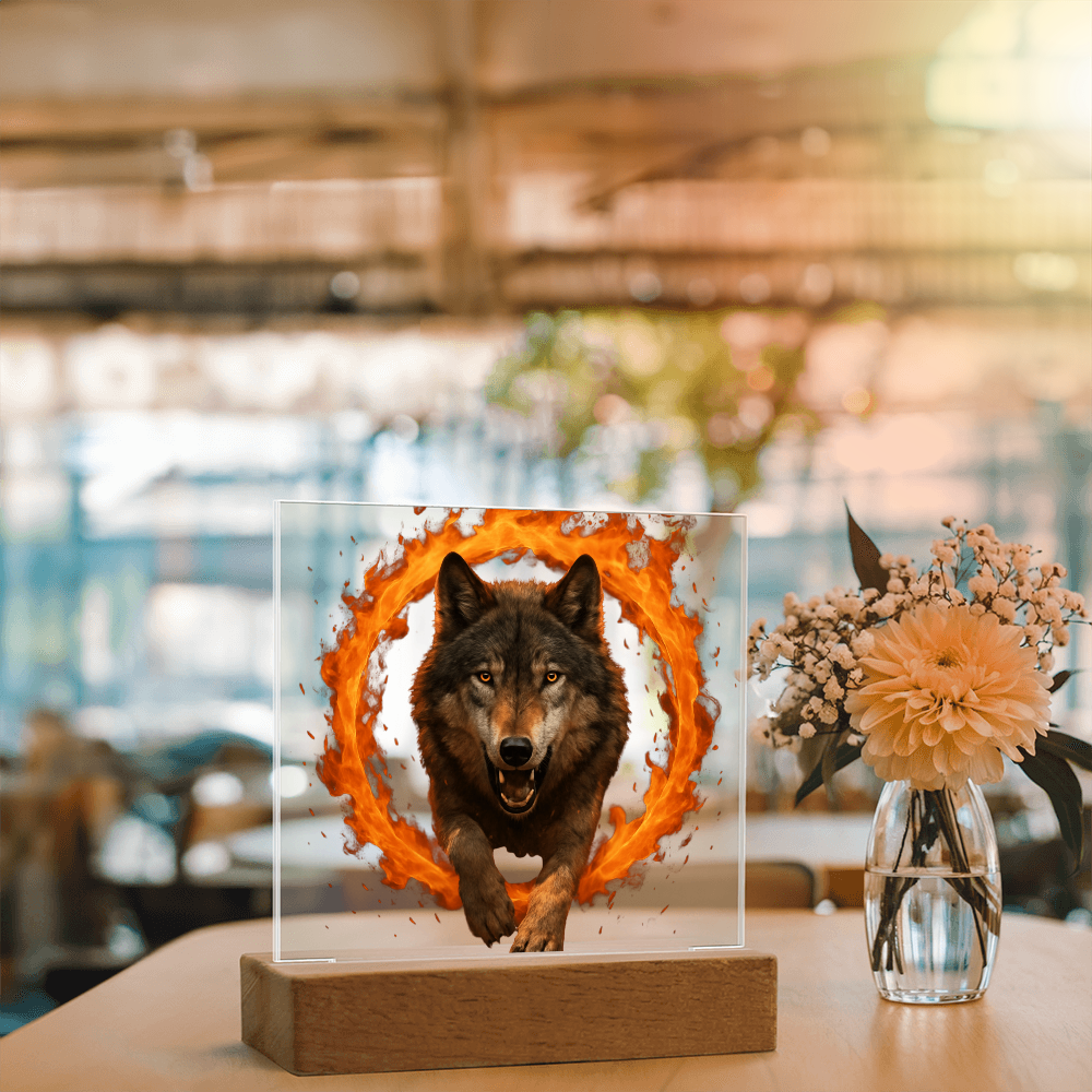 Fire Wolf Square Acrylic Plaque - Light Up