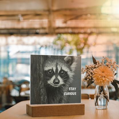 'Stay Curious' Raccoon Square Acrylic Plaque - Light Up