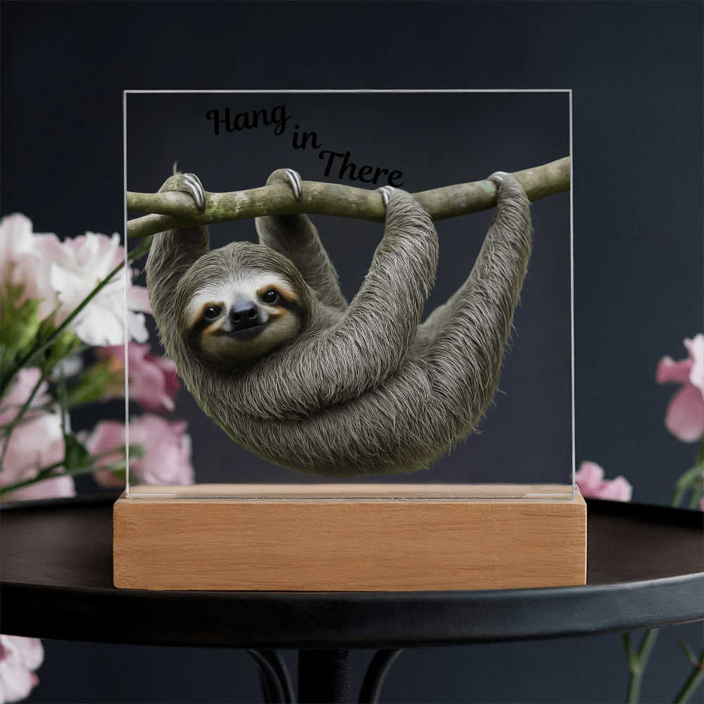 'Hang in There' Sloth Acrylic Square Plaque - Light Up