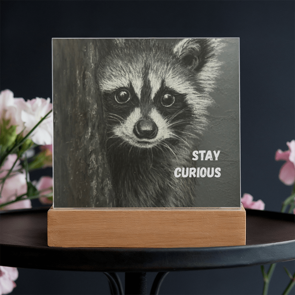 'Stay Curious' Raccoon Square Acrylic Plaque - Light Up
