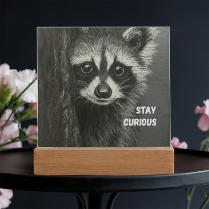 'Stay Curious' Raccoon Square Acrylic Plaque - Light Up