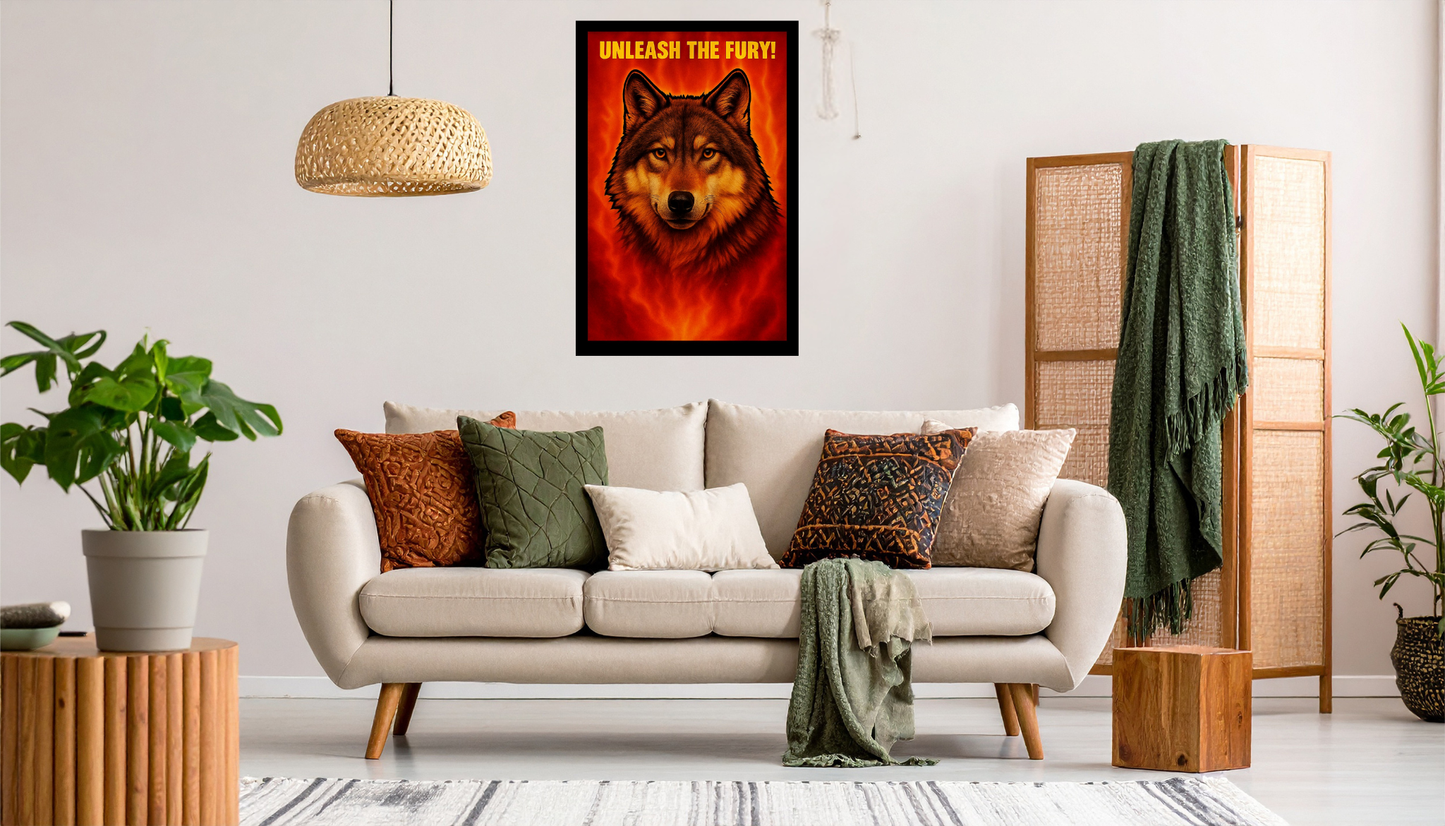 "Unleash the Fury!" Wolf Wall Canvas — Fiery Animal Art Print